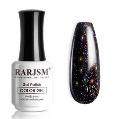 RARJSM front bottle showing black glitter polish and shimmer benefits