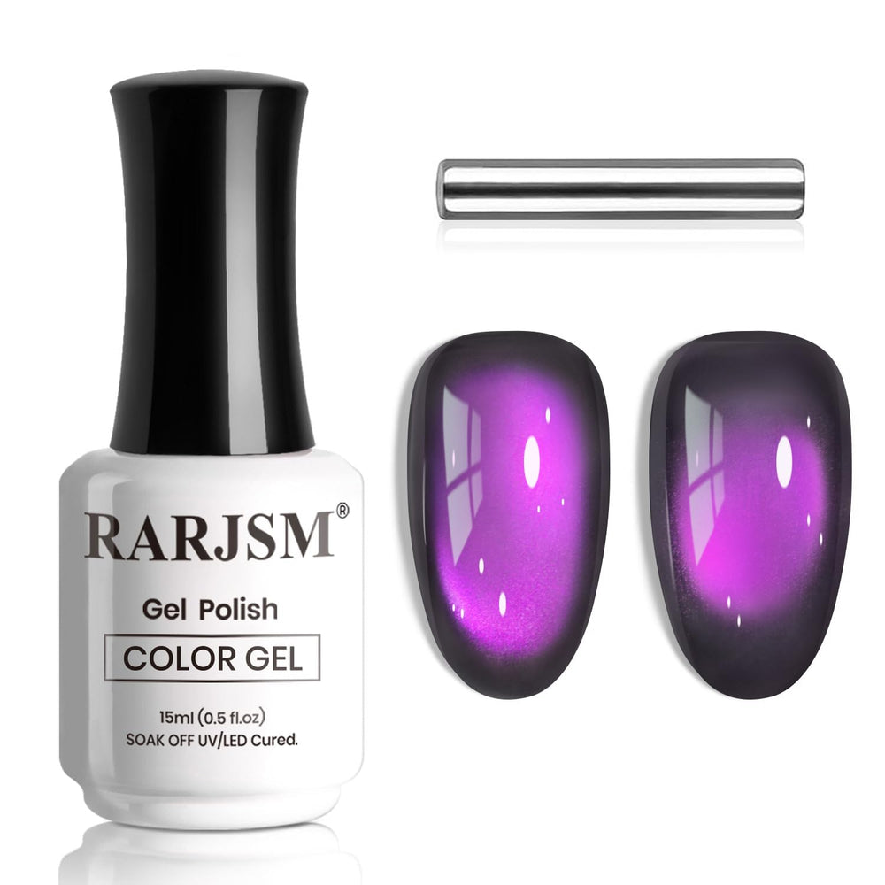 RARJSM front bottle showing dark purple cat eye gel and label, professional finish