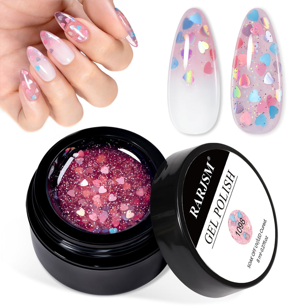 RARJSM bottle front view showing heart glitter and glossy finish for standout nails