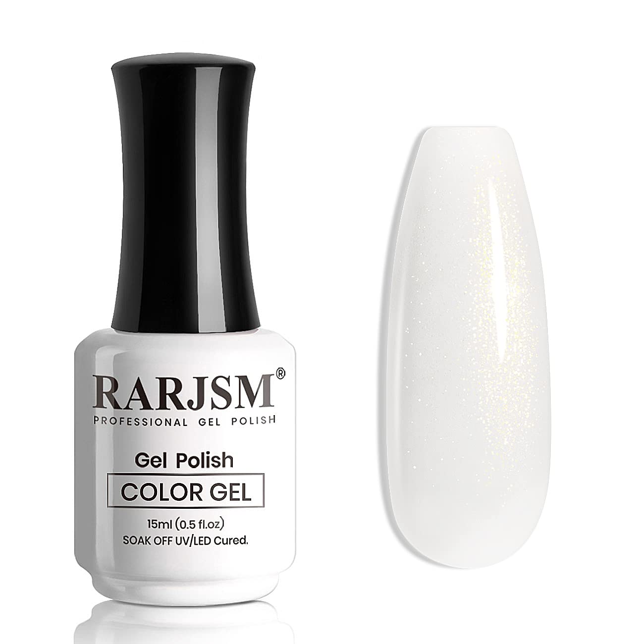 RARJSM bottle front view showing milky white glitter finish and glossy shine benefit