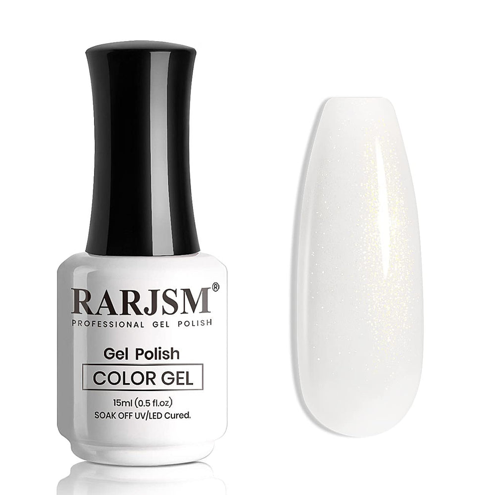 RARJSM bottle front view showing milky white glitter finish and glossy shine benefit
