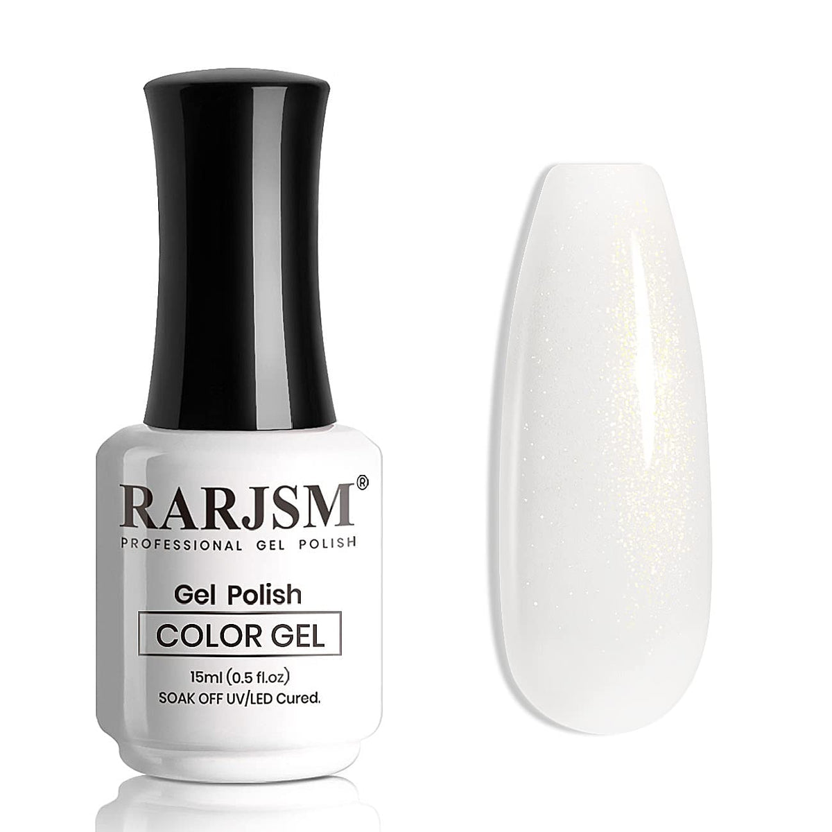 RARJSM bottle front view showing milky white glitter finish and glossy shine benefit