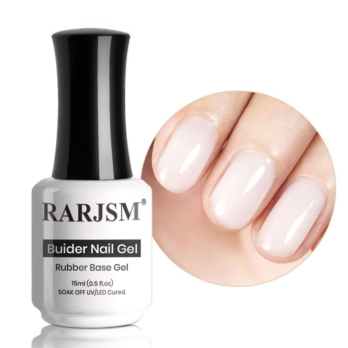 RARJSM front bottle milky white builder gel showing packaging and benefit