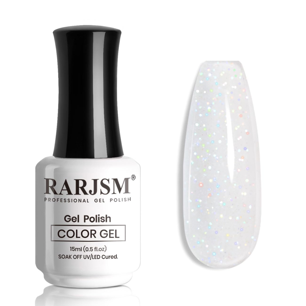 RARJSM front bottle showing milky nude glitter polish and label benefit long-lasting shine