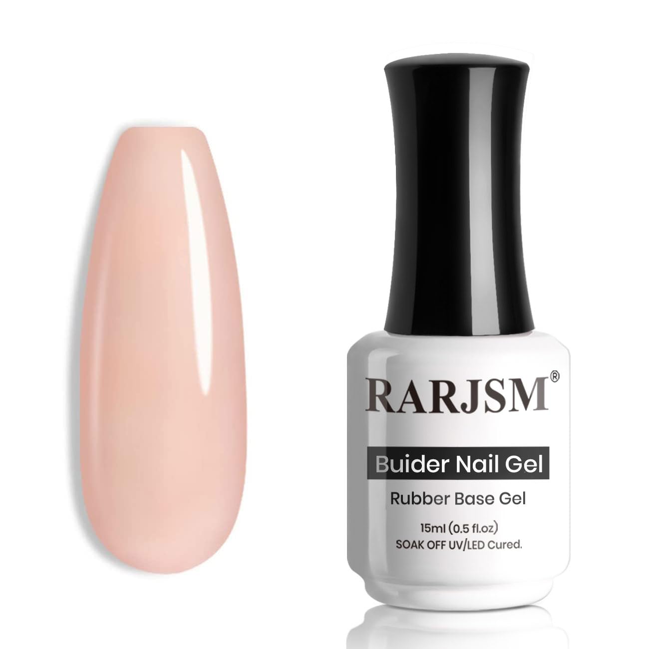 RARJSM front bottle shot showing nude pink rubber base gel, clear branding and benefit