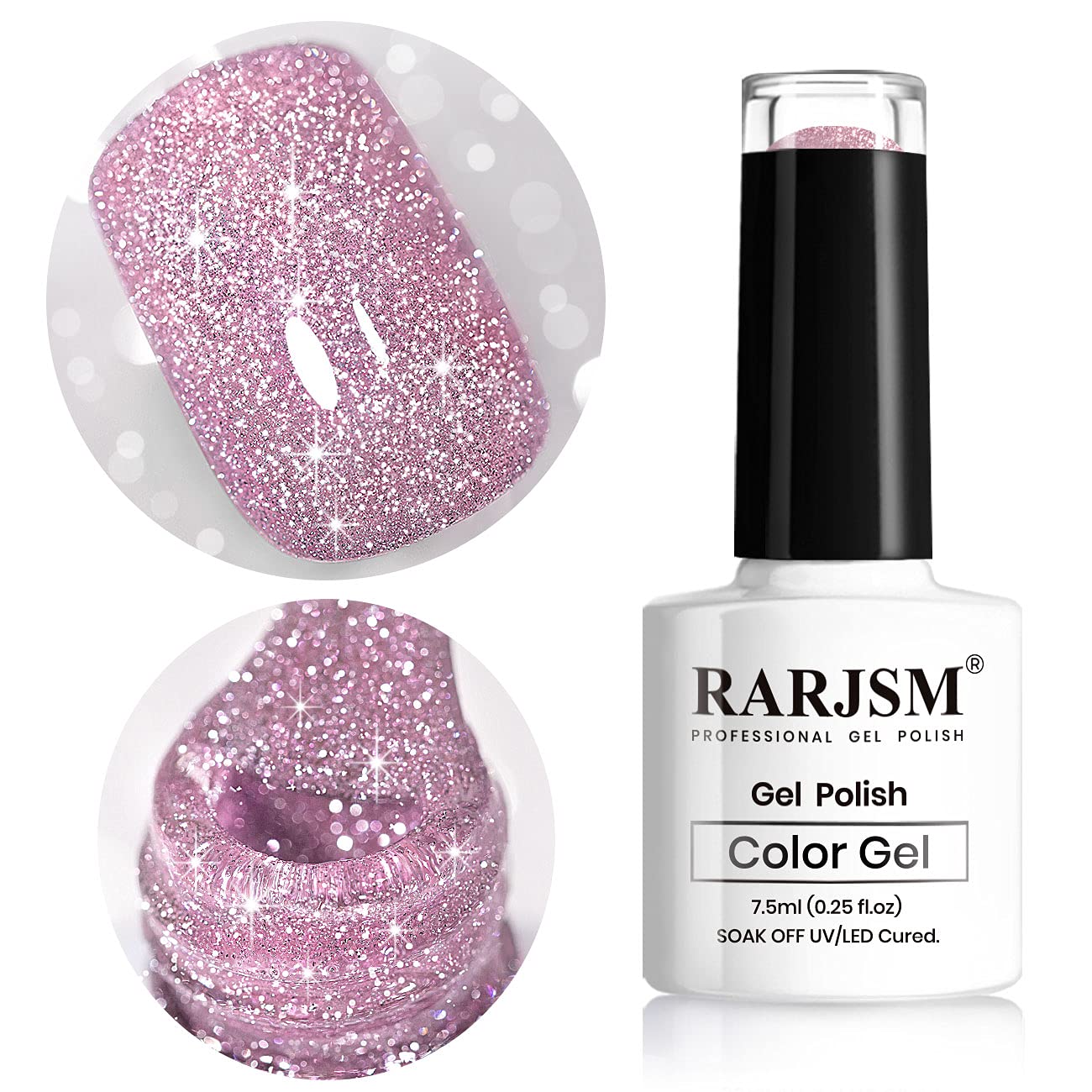RARJSM front bottle showing pink glitter polish and clear label benefits