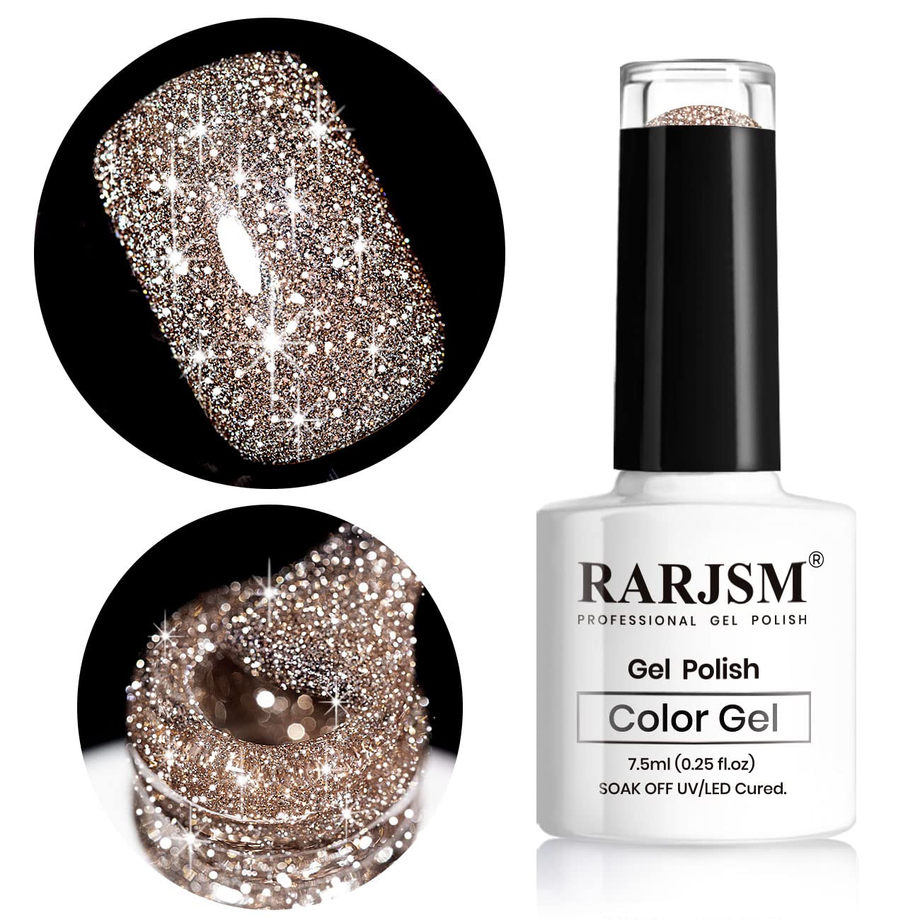 RARJSM bottle front view showing reflective glitter and glossy finish benefit