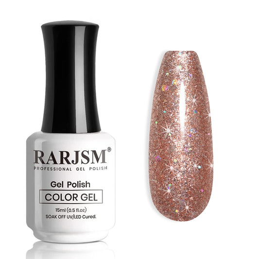 RARJSM front bottle showing rose gold glitter polish and glossy finish benefit