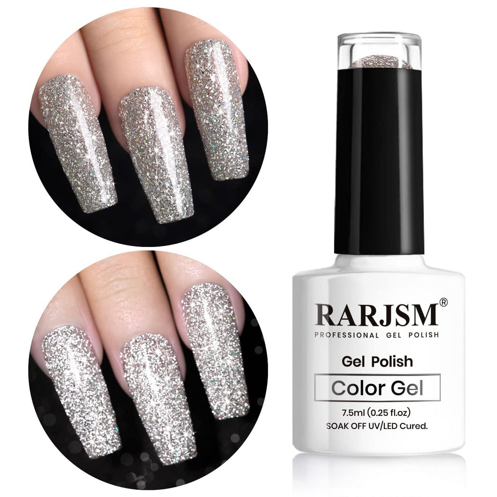 RARJSM bottle front view showing silver glitter finish and compact size