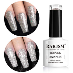 RARJSM bottle front view showing silver glitter finish and compact size