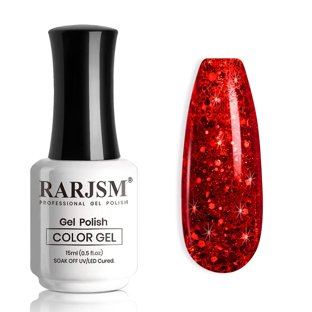 RARJSM front bottle showing sparkly red glitter polish and glossy finish