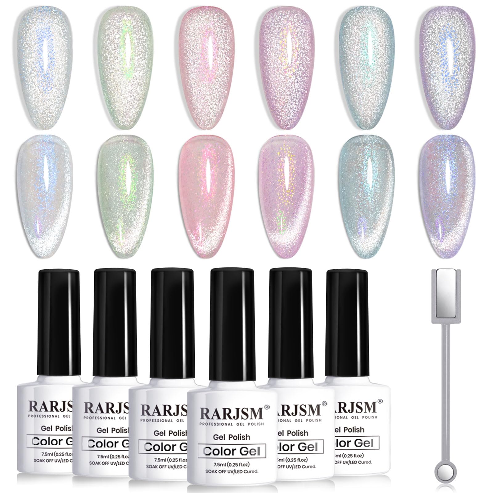 RARJSM front view of six cat eye gel bottles showing variety and benefit of versatile shades