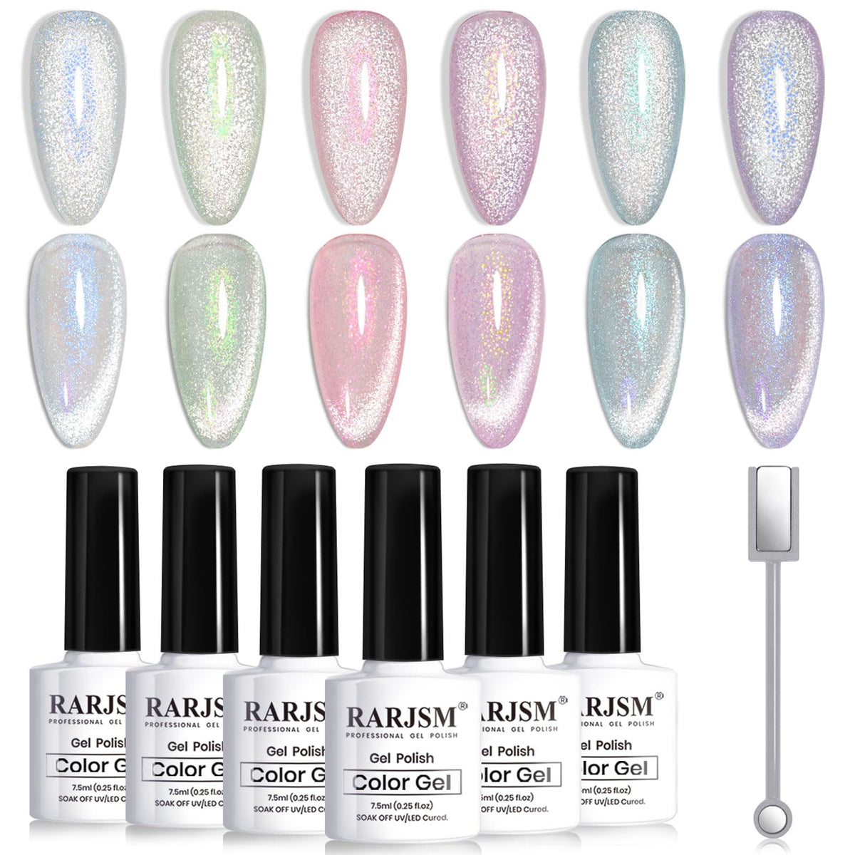 RARJSM front view of six cat eye gel bottles showing variety and benefit of versatile shades