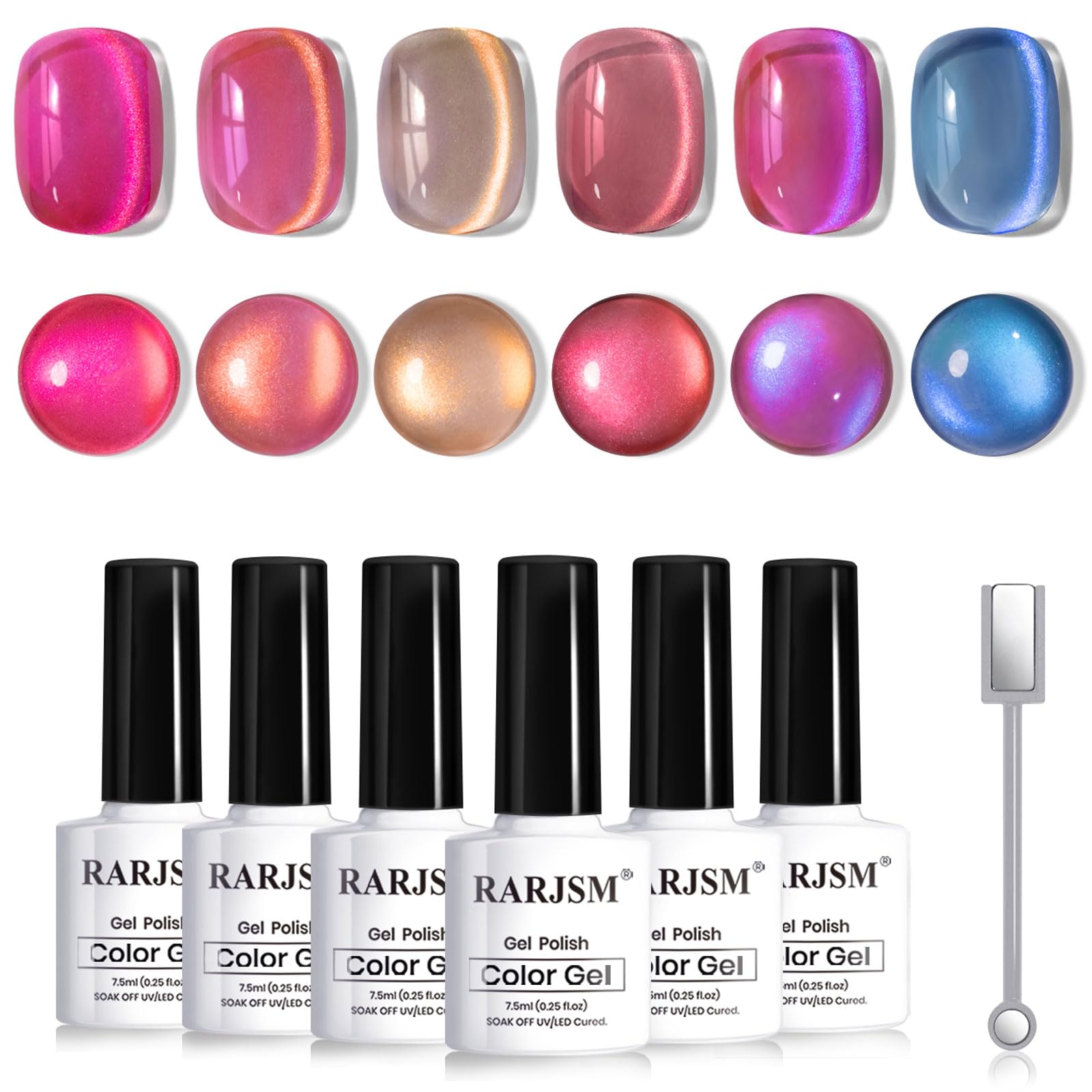 RARJSM front packaging showing six magnetic cat eye gel bottles and included magnet for versatile manicures
