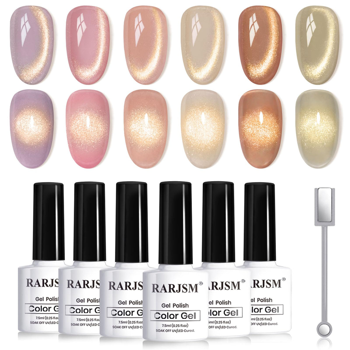 RARJSM front packaging showing six 7.5ml bottles and magnetic stick, ready for versatile manicures