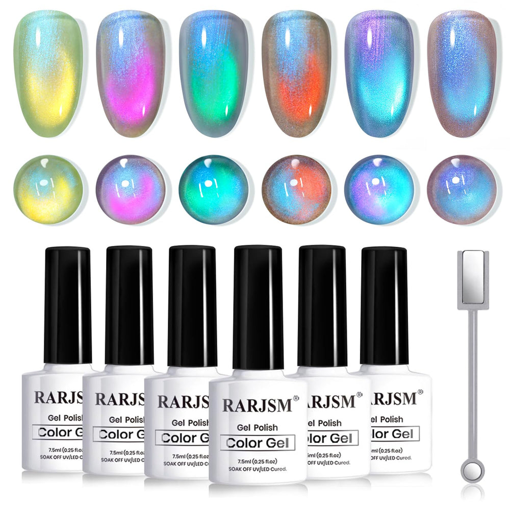 RARJSM front packaging showing six aurora cat eye gel bottles, perfect starter kit