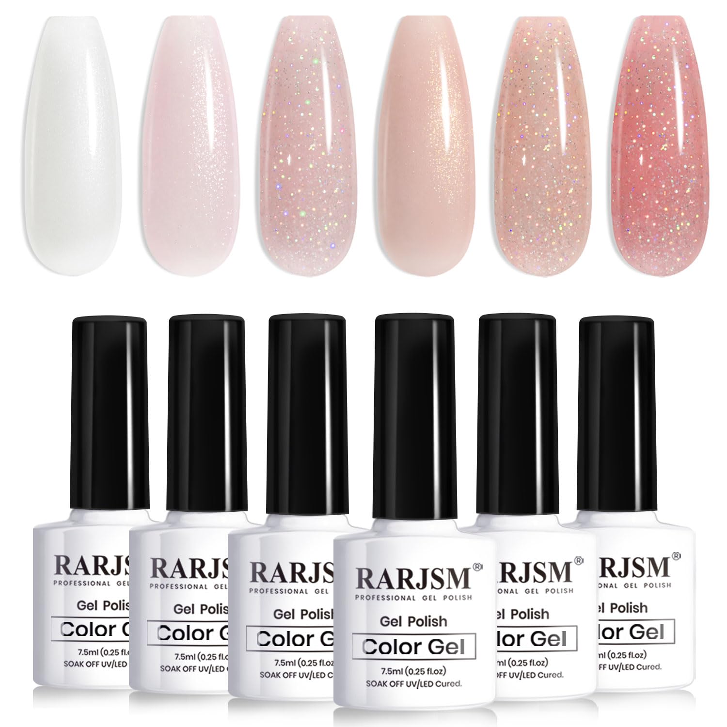 RARJSM front packaging showing six glitter nude gel bottles and set benefit