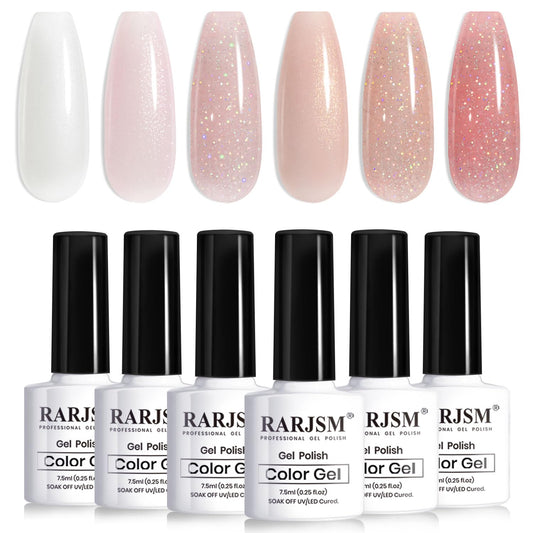 RARJSM front packaging showing six glitter nude gel bottles and set benefit