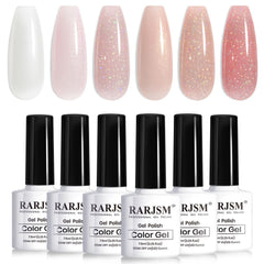 RARJSM front packaging showing six glitter nude gel bottles and set benefit