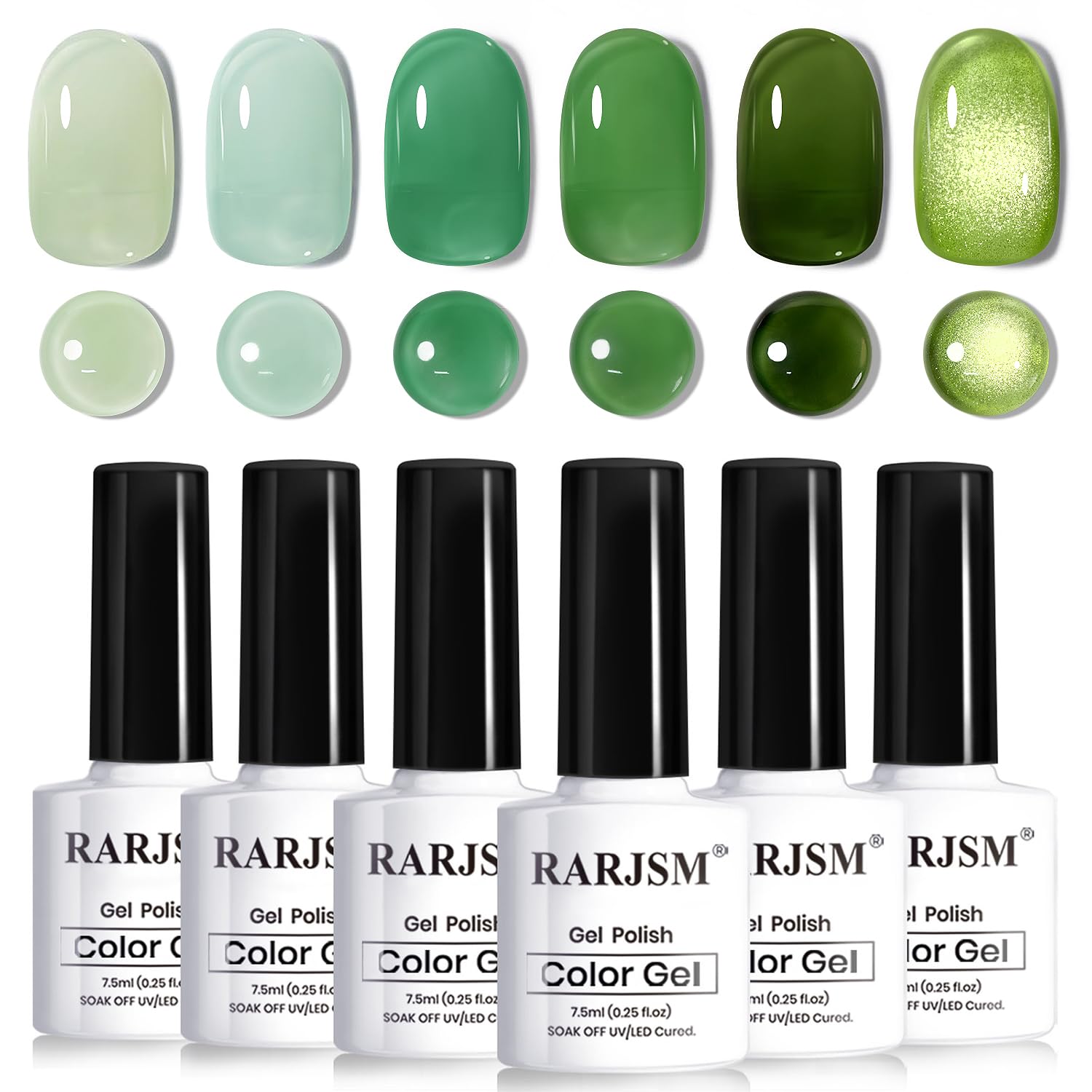 RARJSM front packaging showing six green jelly gel bottles and cat-eye polish benefit quick selection