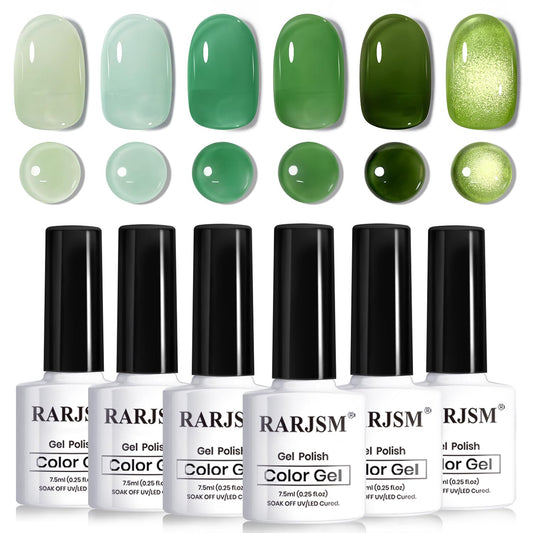 RARJSM front packaging showing six green jelly gel bottles and cat-eye polish benefit quick selection