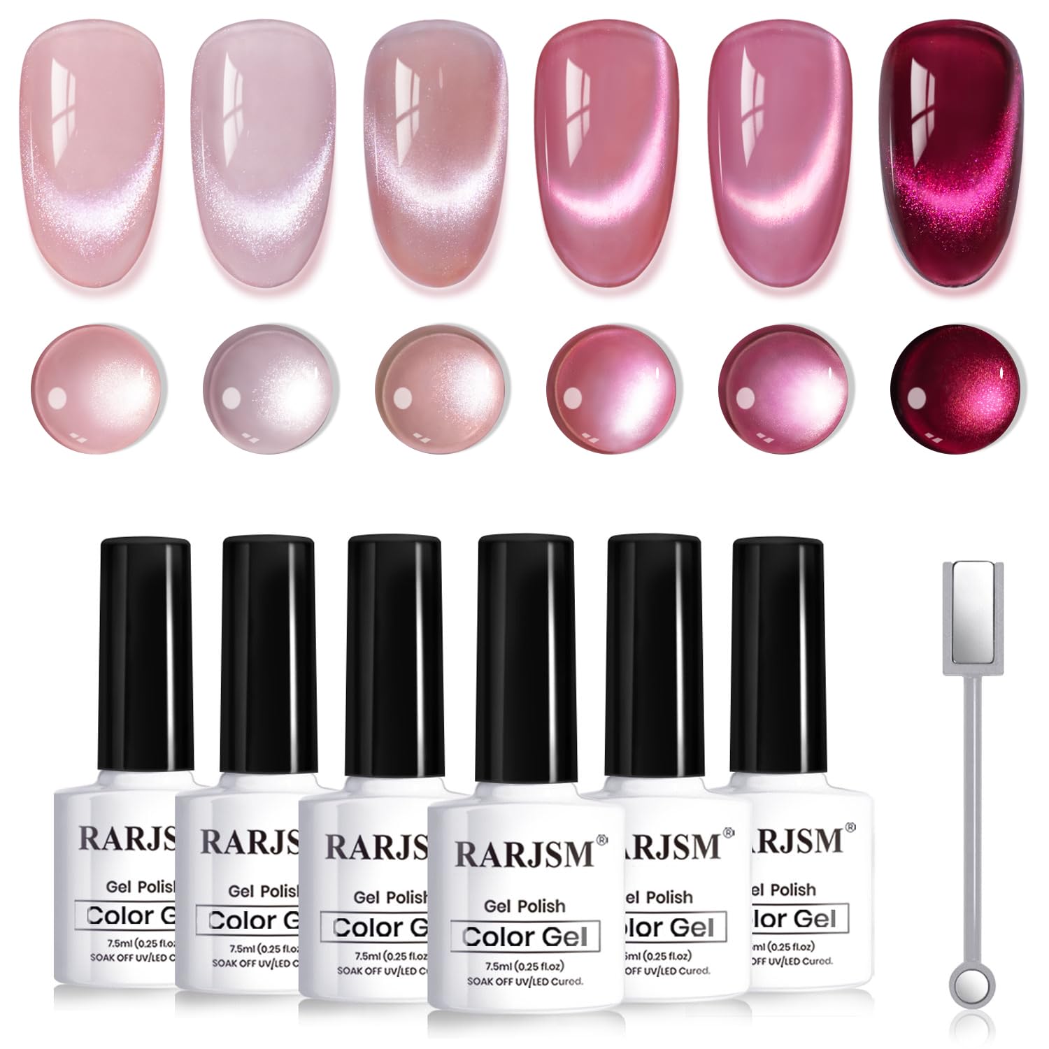 RARJSM front packaging showing six pink cat-eye gel bottles, showcases set versatility