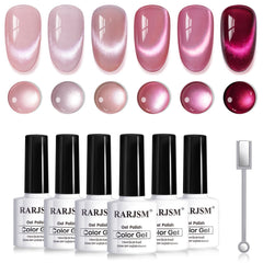 RARJSM front packaging showing six pink cat-eye gel bottles, showcases set versatility