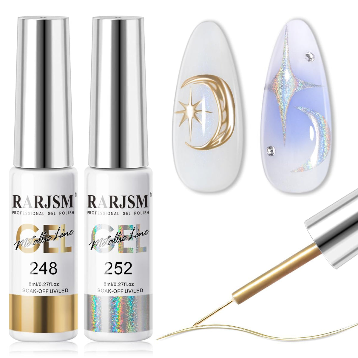 RARJSM front packaging showing two chrome gel liner bottles and built-in brushes for precise art