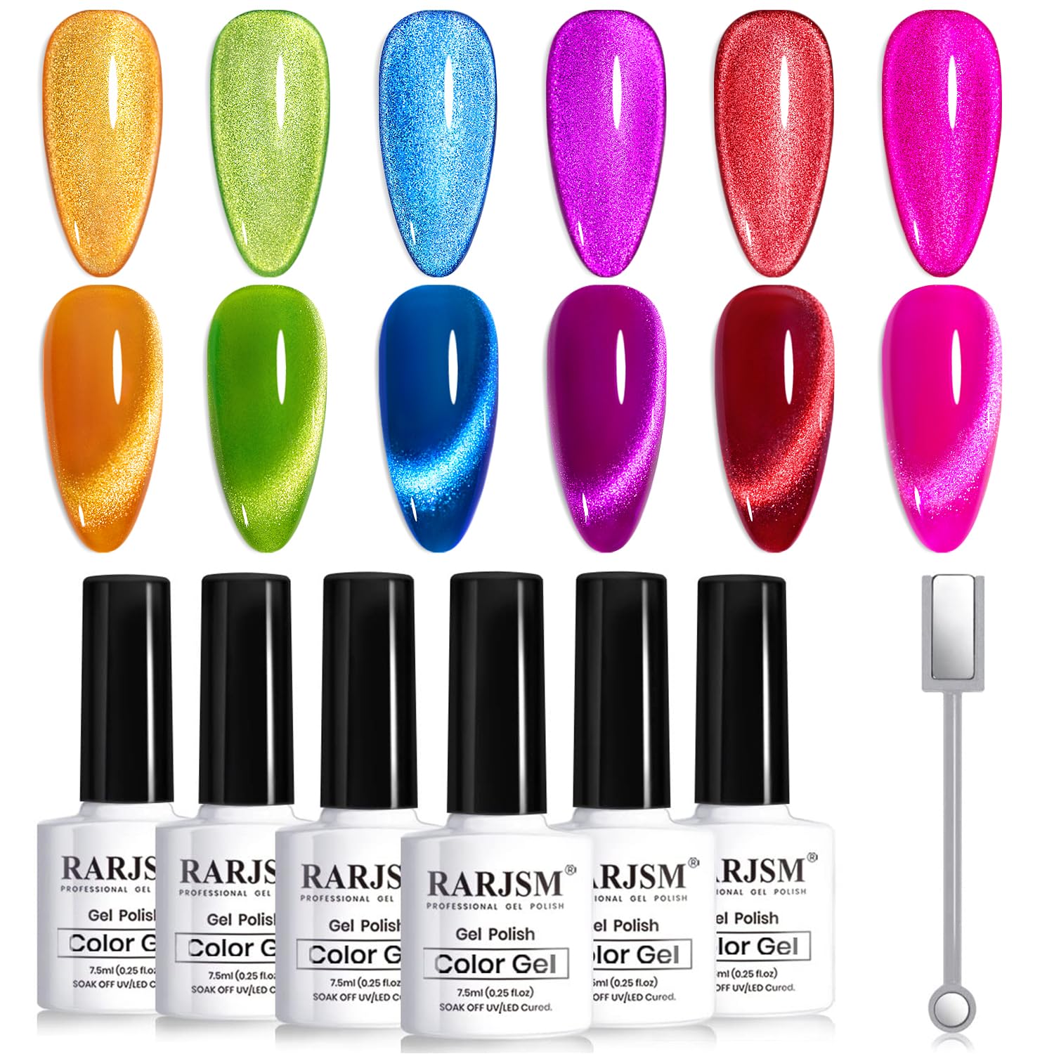RARJSM front packaging showing six neon cat eye bottles, clear product display advantage