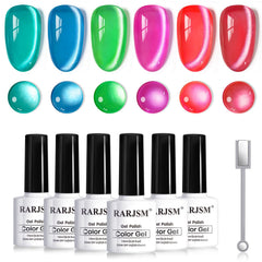 RARJSM front packaging showing six neon cat eye gel bottles and magnet for vibrant results