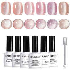 RARJSM front packaging showing six nude cat eye gel bottles and magnet stick benefit easy selection