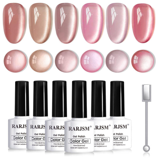 RARJSM front packaging showing six nude glitter cat eye bottles and magnet for easy storage
