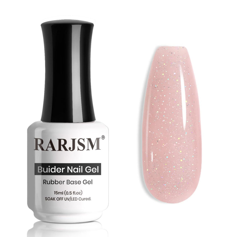 RARJSM front packaging showing nude glitter rubber base benefits
