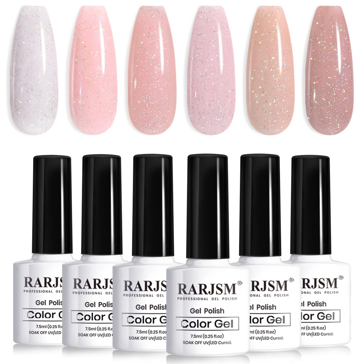 RARJSM front packaging showing six nude glitter gel bottles and set benefit