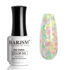 RARJSM front packaging showing pastel glitter gel bottle and label, clear benefit of visible shade