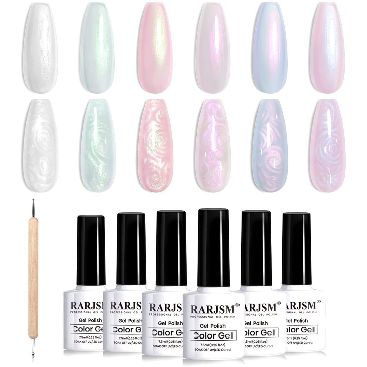 RARJSM front packaging showing six pearlescent gel bottles and benefits
