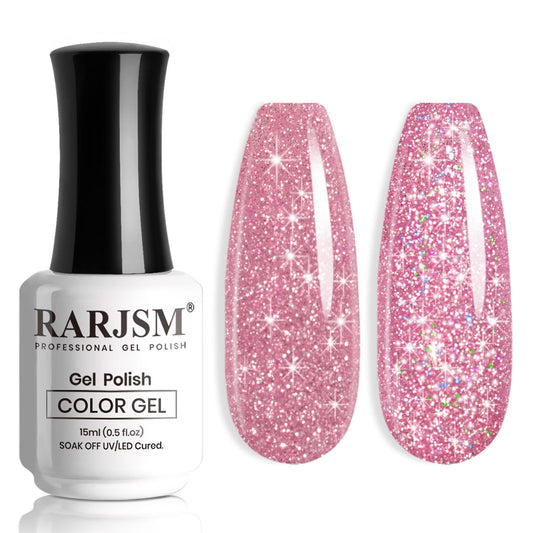 RARJSM front bottle image showing glossy pink glitter and readable label, ideal for product clarity