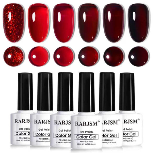 RARJSM front view of six gel polish bottles showing color range and glossy finish