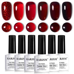 RARJSM front view of six gel polish bottles showing color range and glossy finish