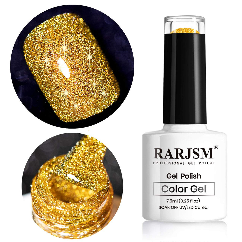 RARJSM front packaging shows gold glitter polish, highlights premium shimmer