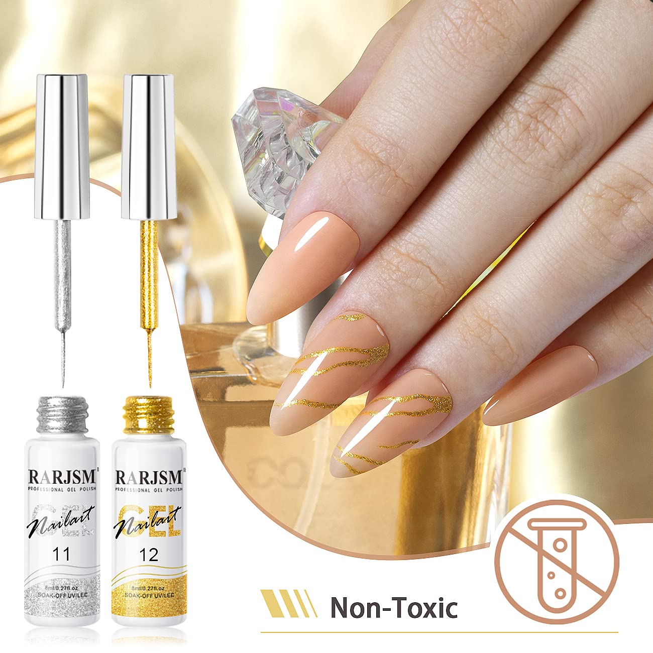 RARJSM painted gel in use with a hand drawing a fine gold line to illustrate precise salon-quality detailing