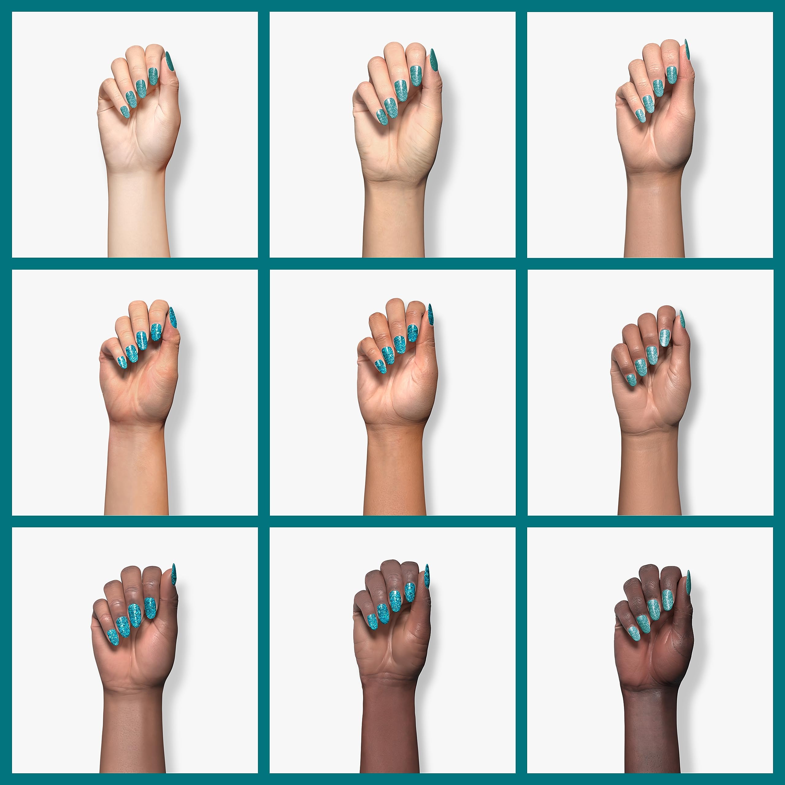RARJSM swatch on nails hand showing vibrant mermaid-blue finish benefit