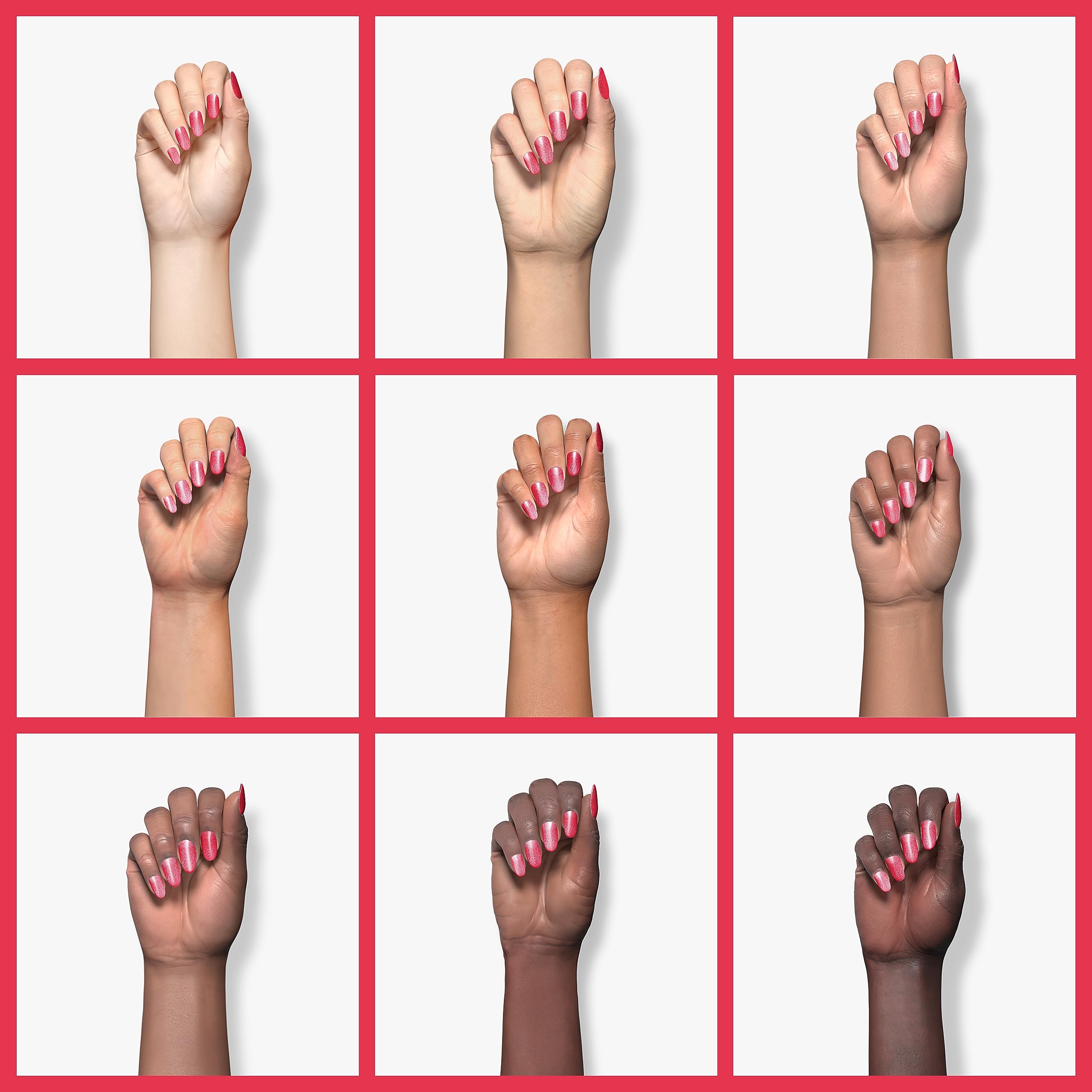 RARJSM manicured hand with neon hot pink nails showcasing glossy finish
