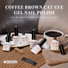 RARJSM manicure in cozy fall setting showcasing warm brown and red tones