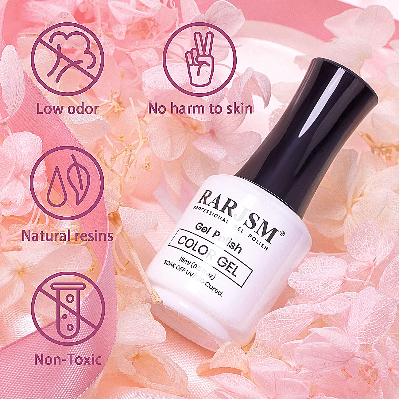 RARJSM milky pink bottle in hand showing 15ml scale for multiple manicures