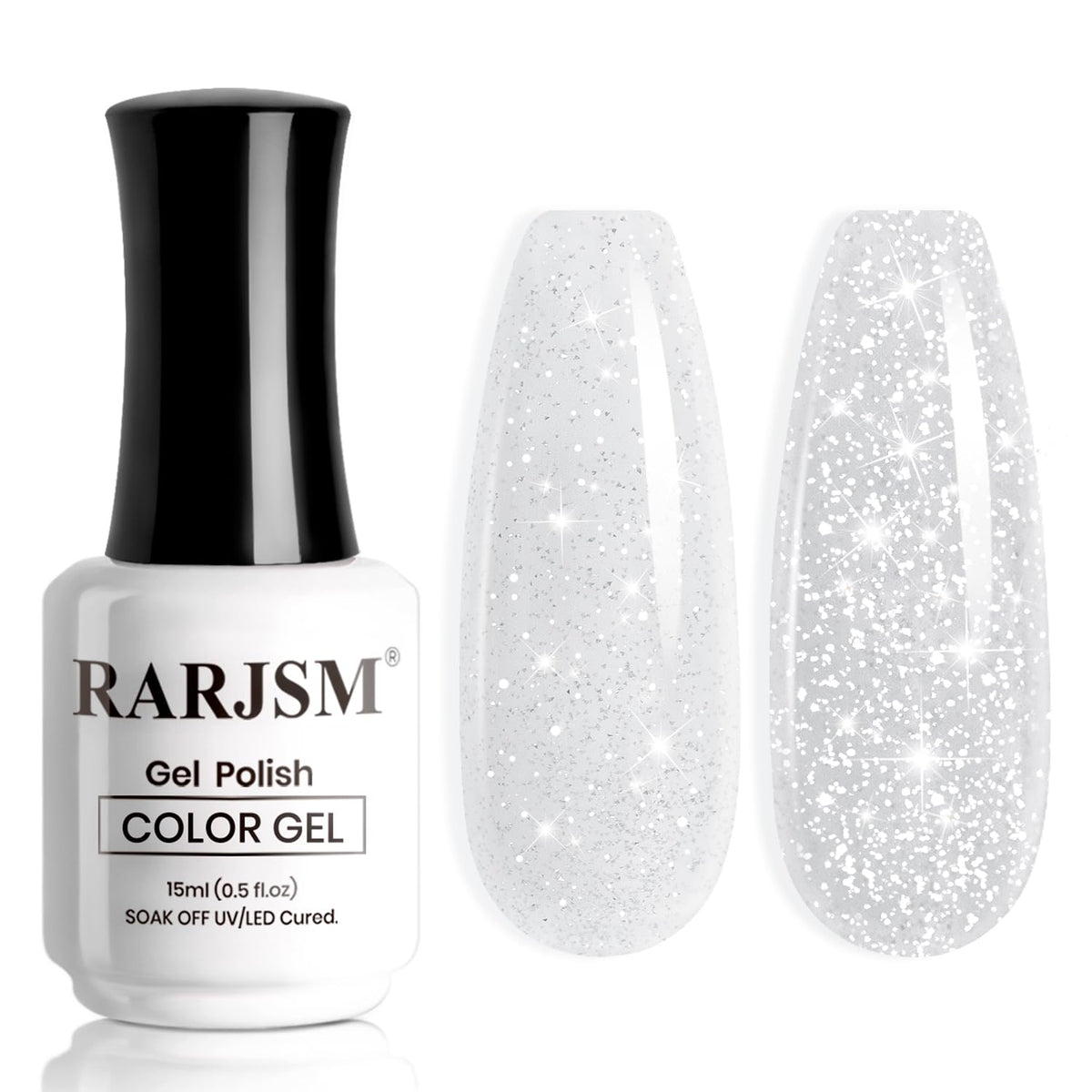 RARJSM bottle front showing milky white reflective polish and label benefits