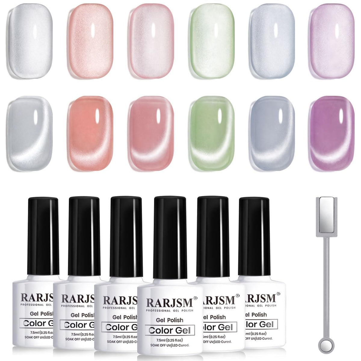 RARJSM packaging front showing six cat eye gel bottles and magnetic stick benefit: complete kit