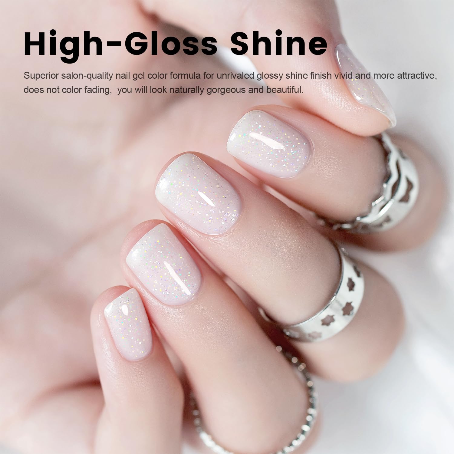 RARJSM nail swatch on model hand showing iridescent shimmer and flattering neutral tone