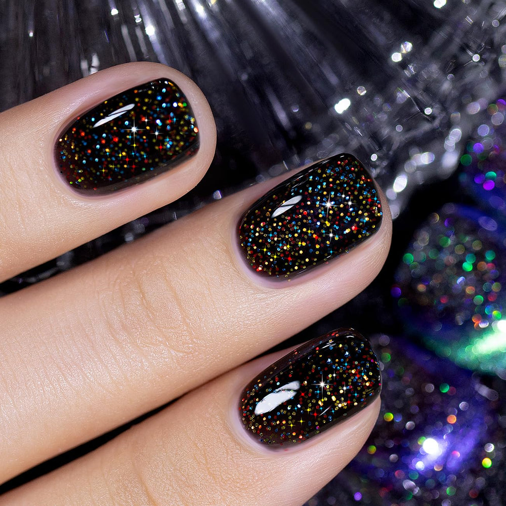 RARJSM nail swatch on finger displaying intense black shimmer finish