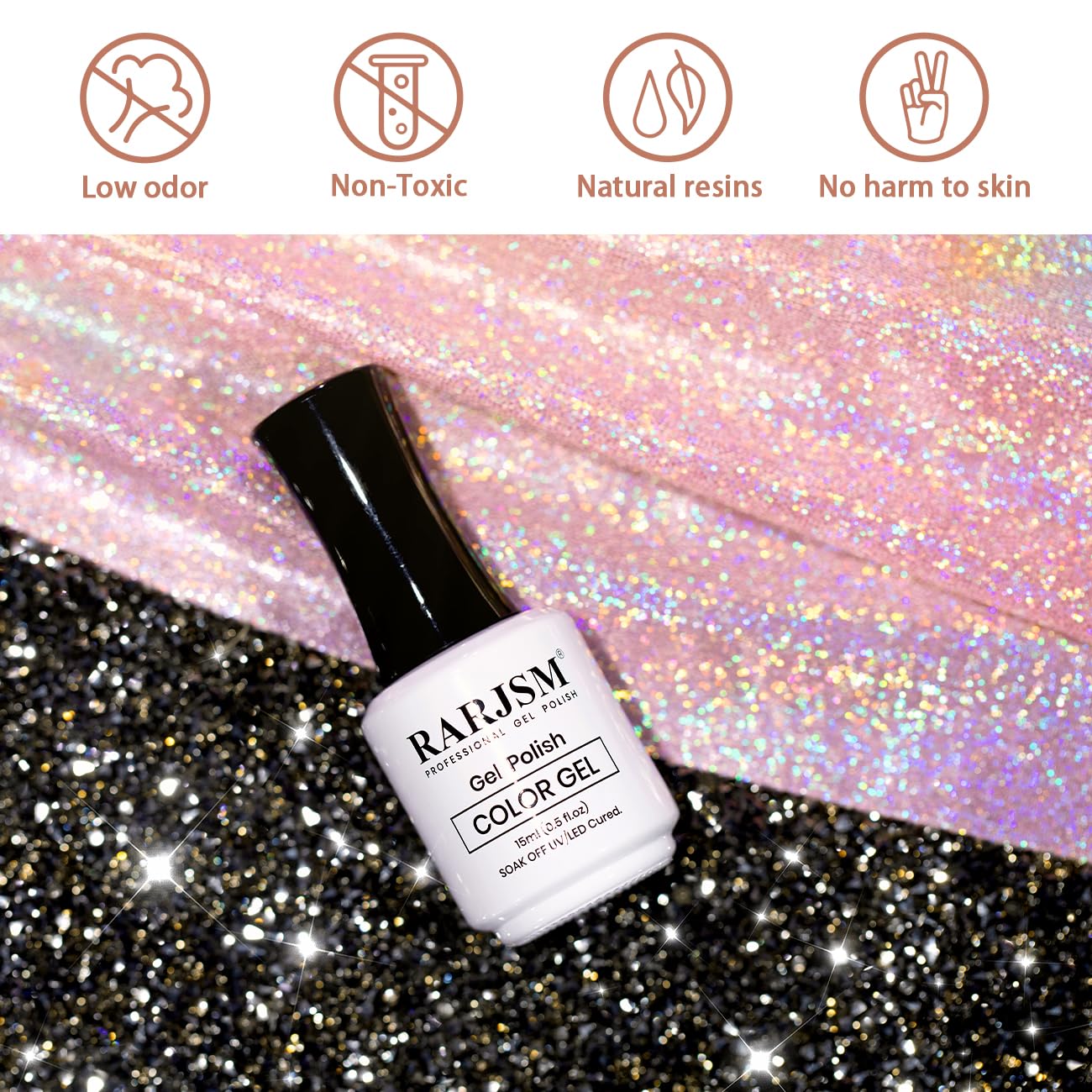 RARJSM nails in salon lifestyle setting showcasing glossy cured sparkle and professional finish